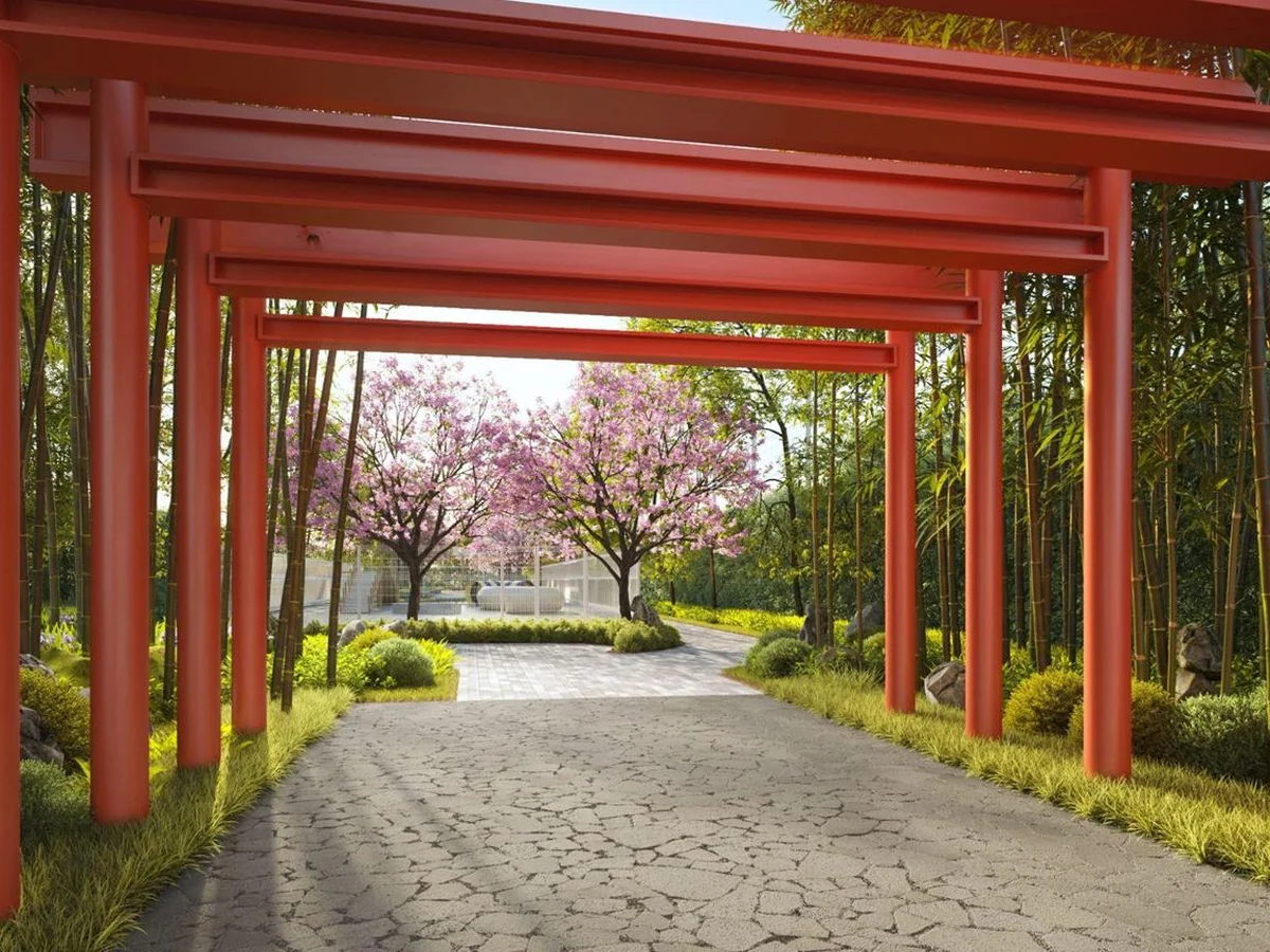 Torii-inspired garden pathway at Han-Ya Wahyu
